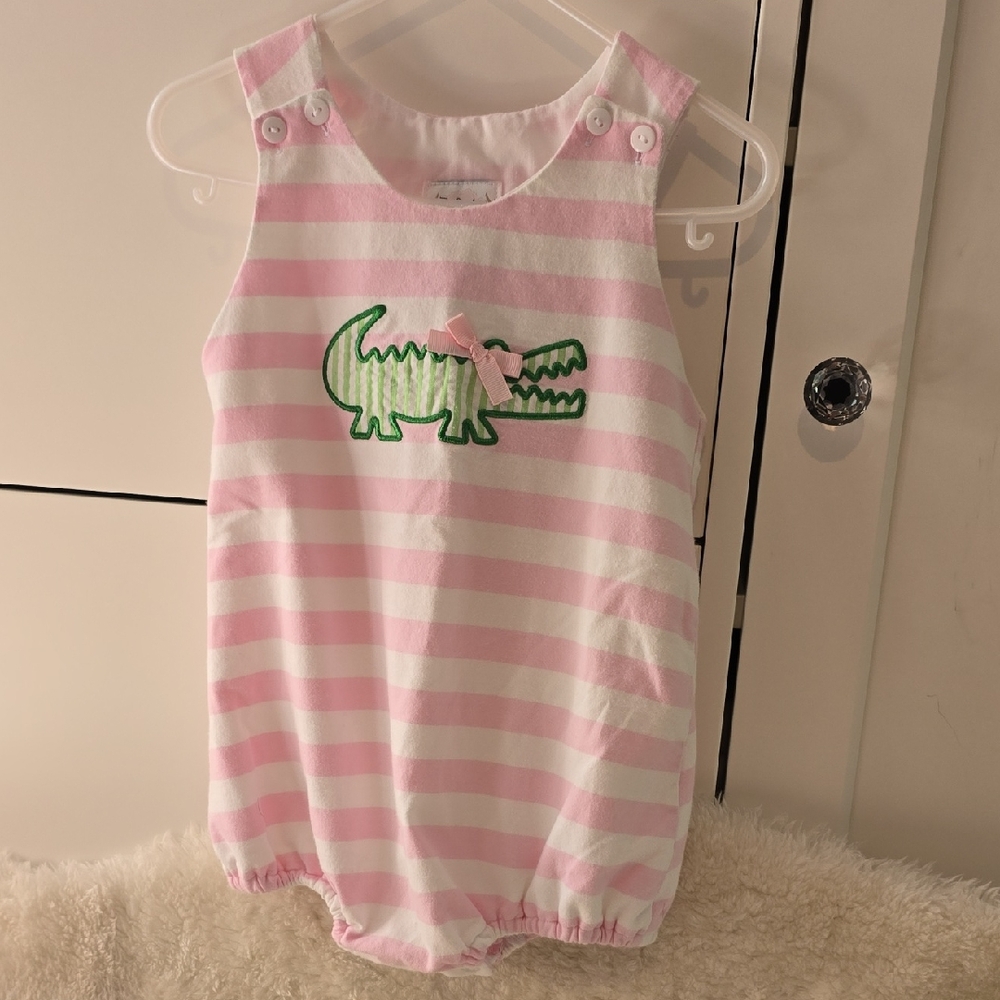 Pink Striped Kids One Piece with Crocodile Design